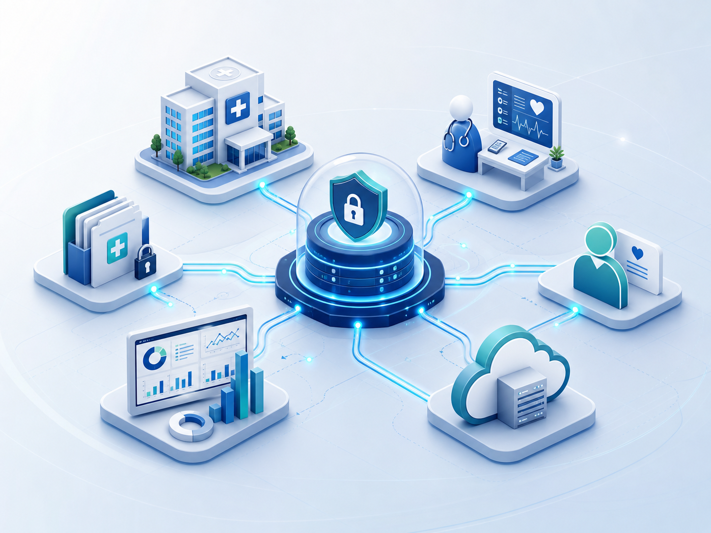 Connected healthcare systems linking hospitals, clinicians, patients, analytics, and secure cloud data